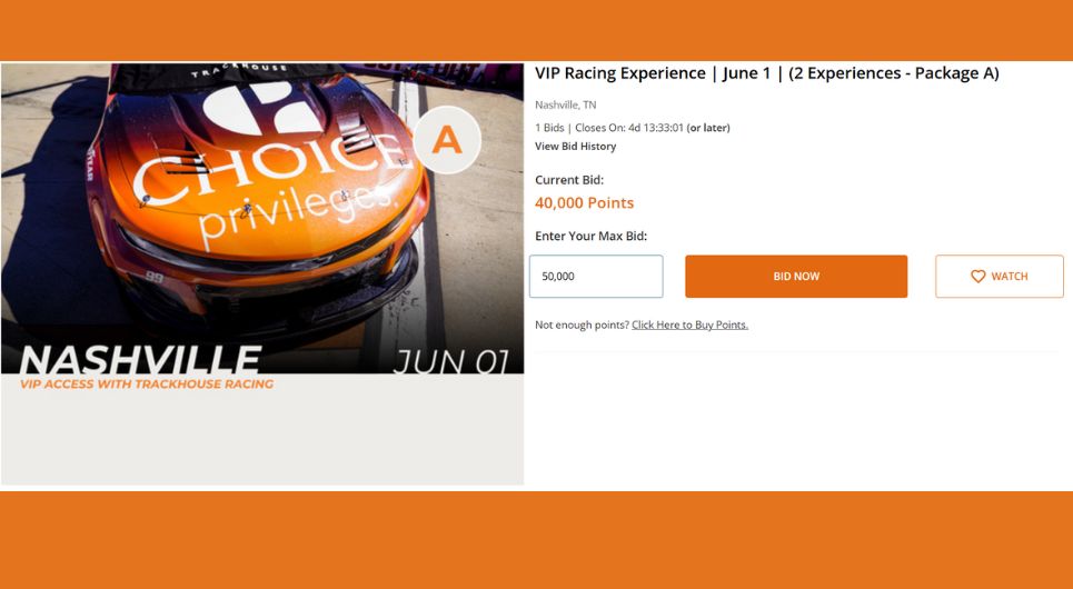 Pesan pengalaman VIP NASCAR untuk dua, mulai dari 40.000 Poin Hak Hak Pilihan